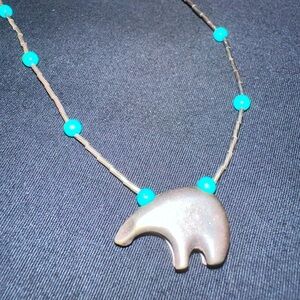 Native Silver Bear & Turquoise Necklace